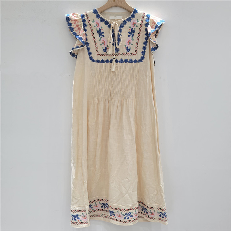 White Embroidered Puff Short Sleeve Dress for Women Summer Ethnic Style - Image 3