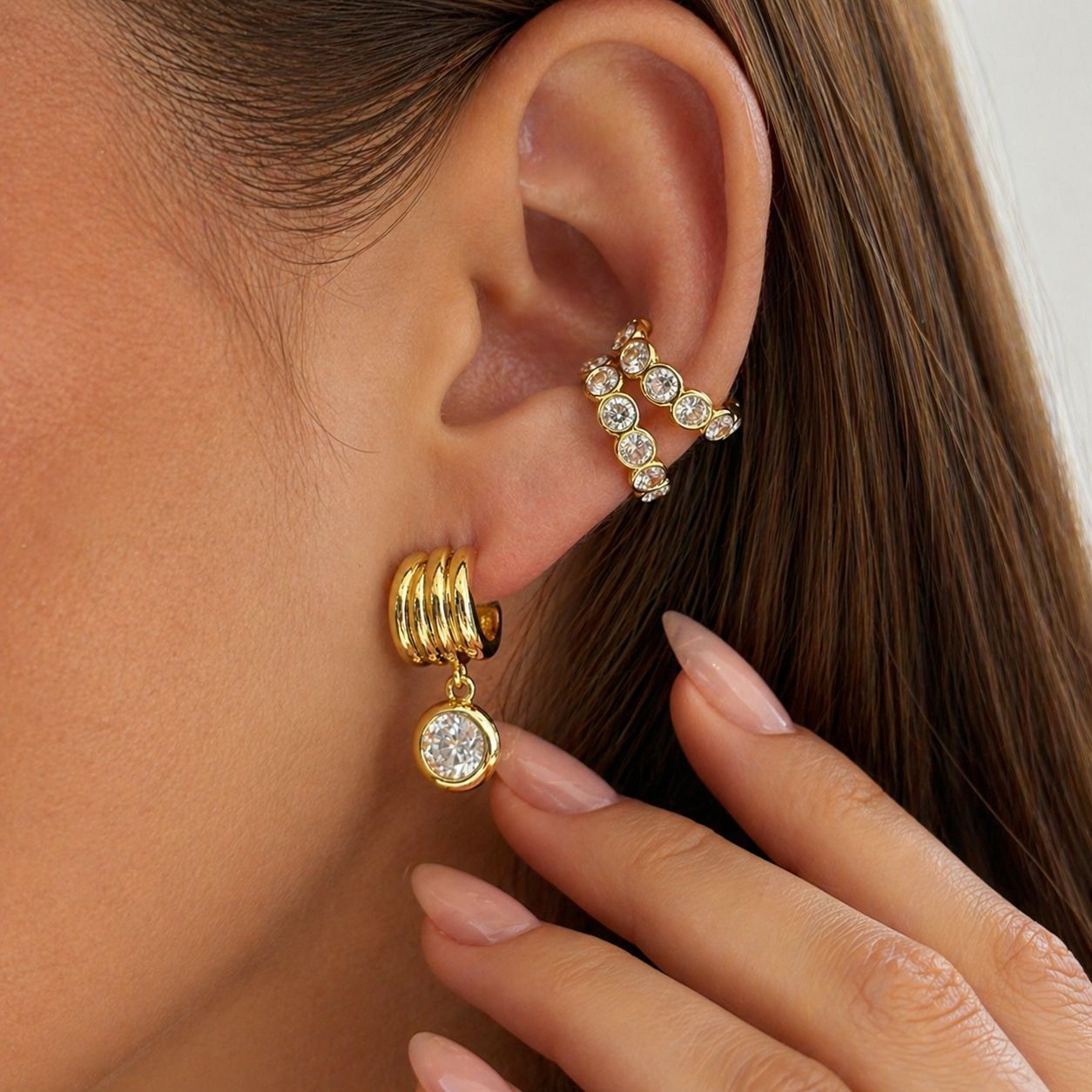 micro-paved zircon geometric stainless steel ear clips - Image 5