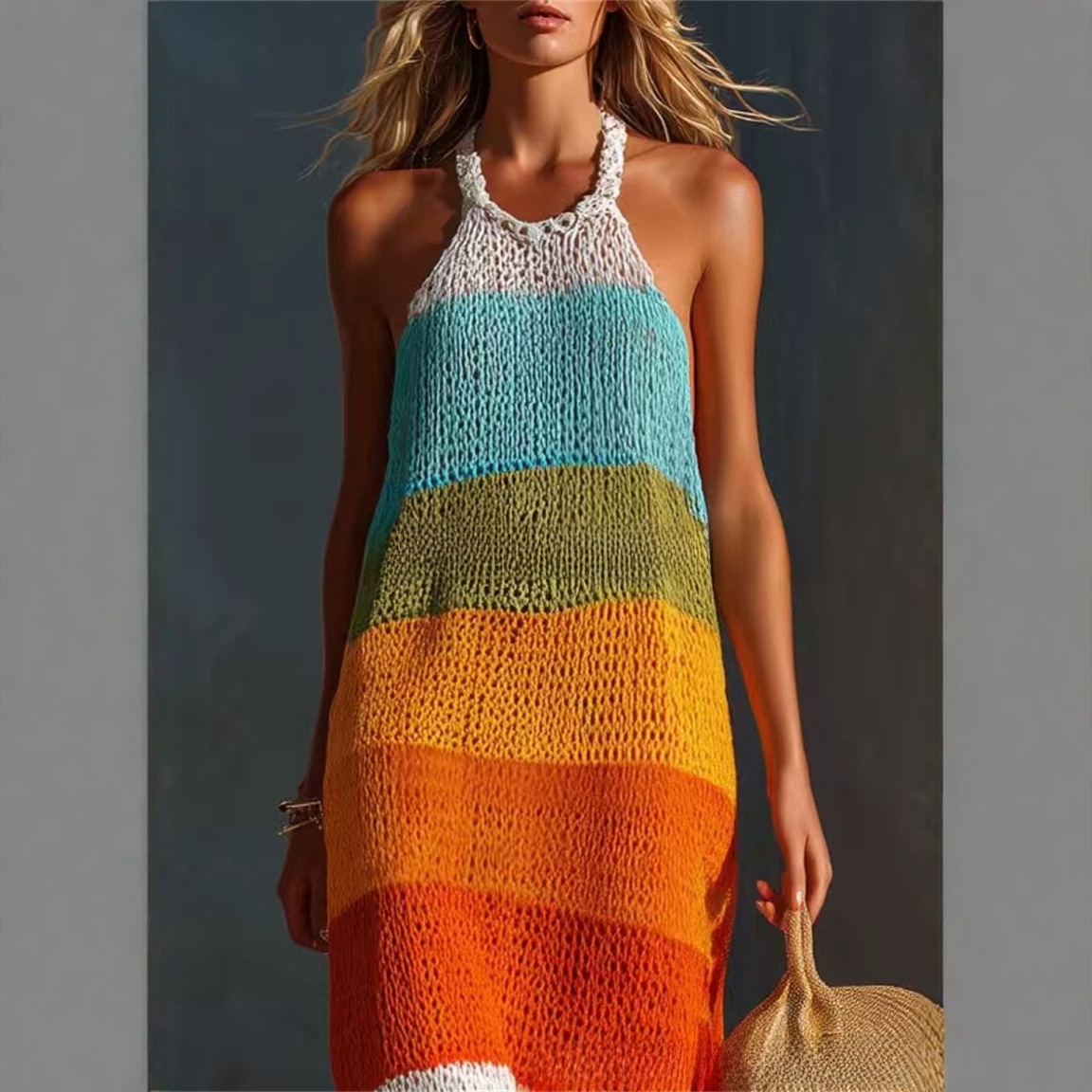 Wide-striped patchwork round-neck sleeveless knitted fitted long dress - Image 5