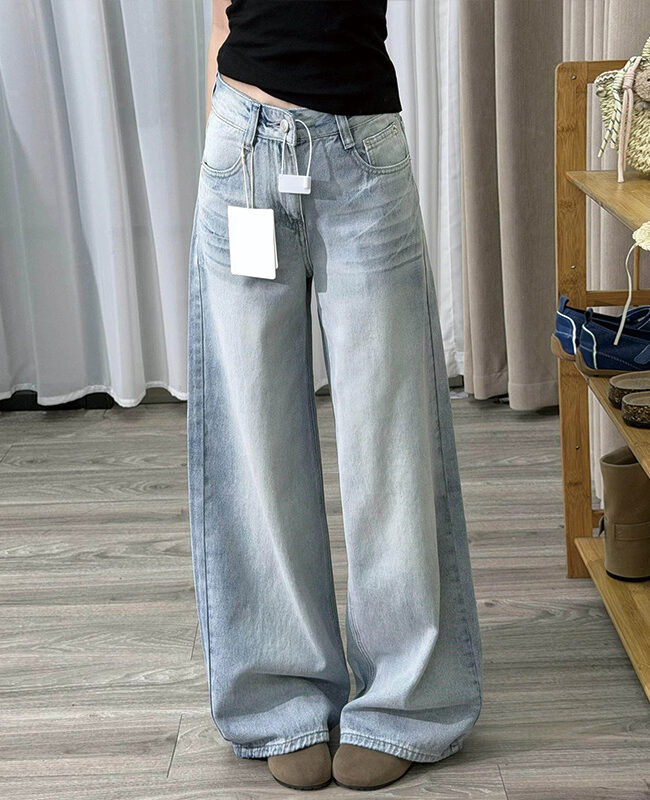 The Florine Retro Blue High Waist Wide Leg Distressed Denim Jeans Detail – La Rose Couture Trousers & Skirts
