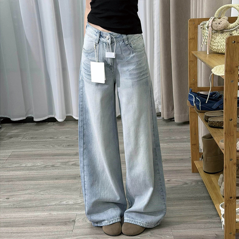 Retro Blue High-Waist Wide-Leg Distressed Denim Jeans for Women - Image 4