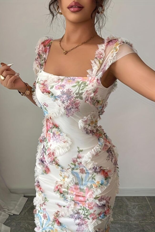 The Cecile Elegant Mesh Floral Print Pleated Dress Detail – La Rose Couture Dresses & Gowns