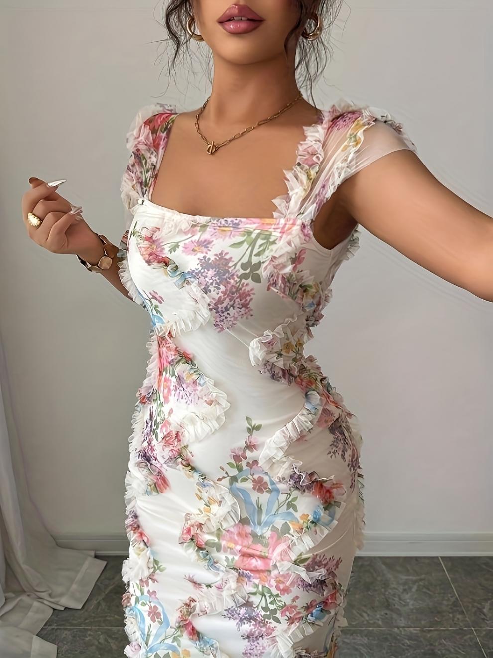 Elegant Mesh Floral Print Pleated Dress - Image 5