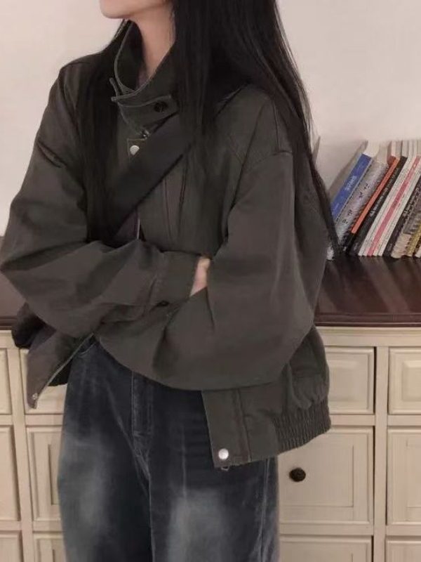 Women's Korean Style Stand Collar Zip Jacket Autumn Winter Chic Outwear - Image 3