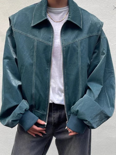 Oversized Retro Lapel Zipper PU Leather Jacket - Image 3