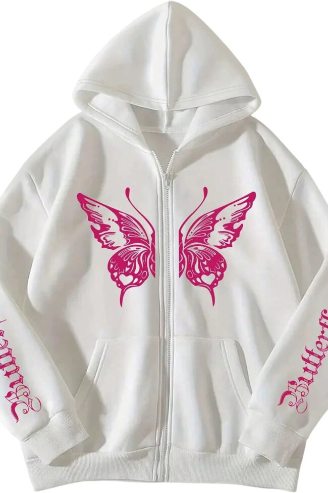 The Emmanuelle Y2k Zip Up Hoodie 3d Butterfly Print Long Sleeve Loose Fit Jacket – La Rose Couture Tops & Blouses