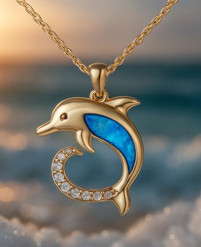The Aurore Sophisticated Unique Design Dolphin and Mermaid Pendant Necklace with an Oceanic Resort Vibe. Detail – La Rose Couture Jewellery & Accessories