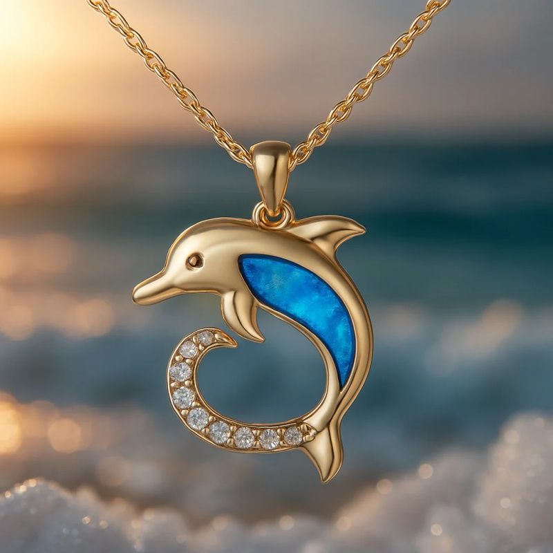 Sophisticated, unique-design dolphin and mermaid pendant necklace with an oceanic resort vibe. - Image 4