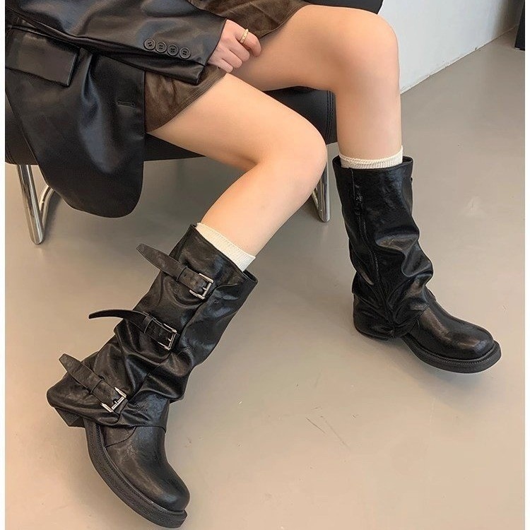 Womens Square Toe Chunky Heel Mid Calf Boots - Image 2