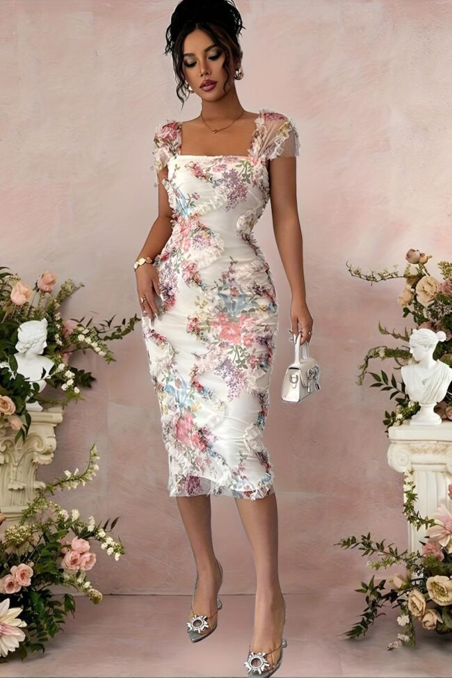 The Cecile Elegant Mesh Floral Print Pleated Dress Detail – La Rose Couture Dresses & Gowns