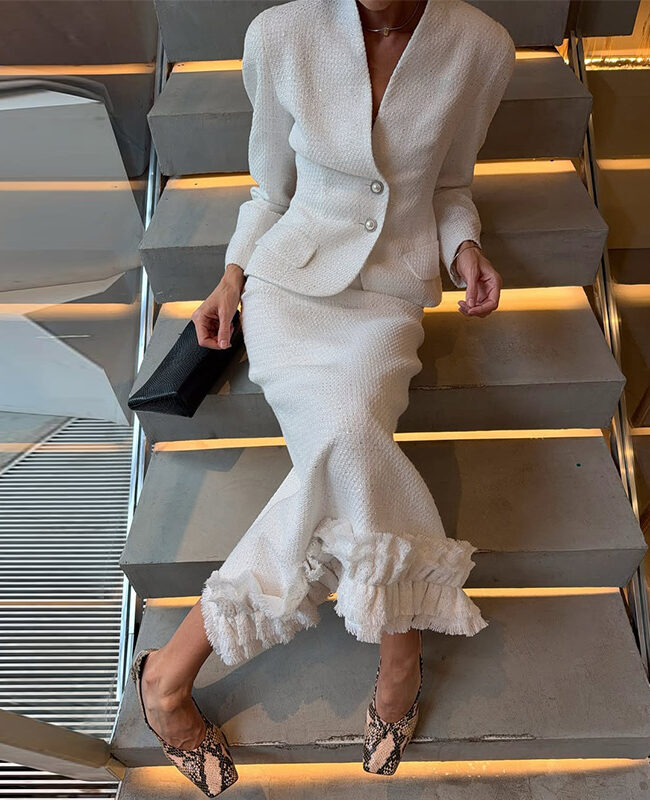 The Vivienne Elegant Two Piece V Neck Long Sleeve White Skirt Suit Detail – La Rose Couture Trousers & Skirts
