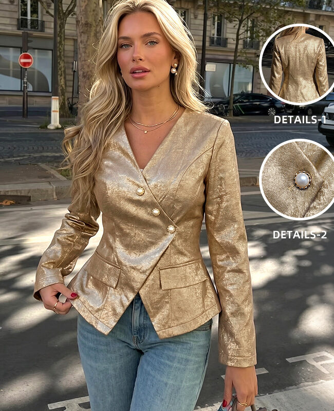 The Yvette Vintage Gold V Neck Slim Fit Long Sleeve Blazer – La Rose Couture Coats & Jackets