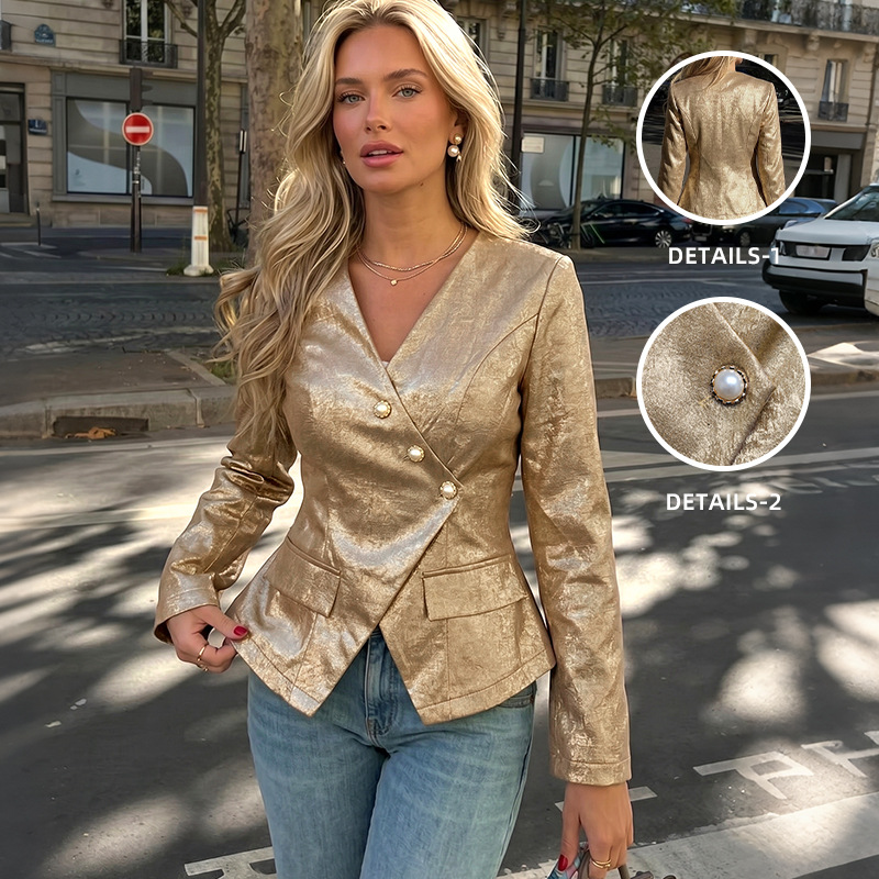 Women Vintage Gold V-Neck Slim Fit Long Sleeve Blazer