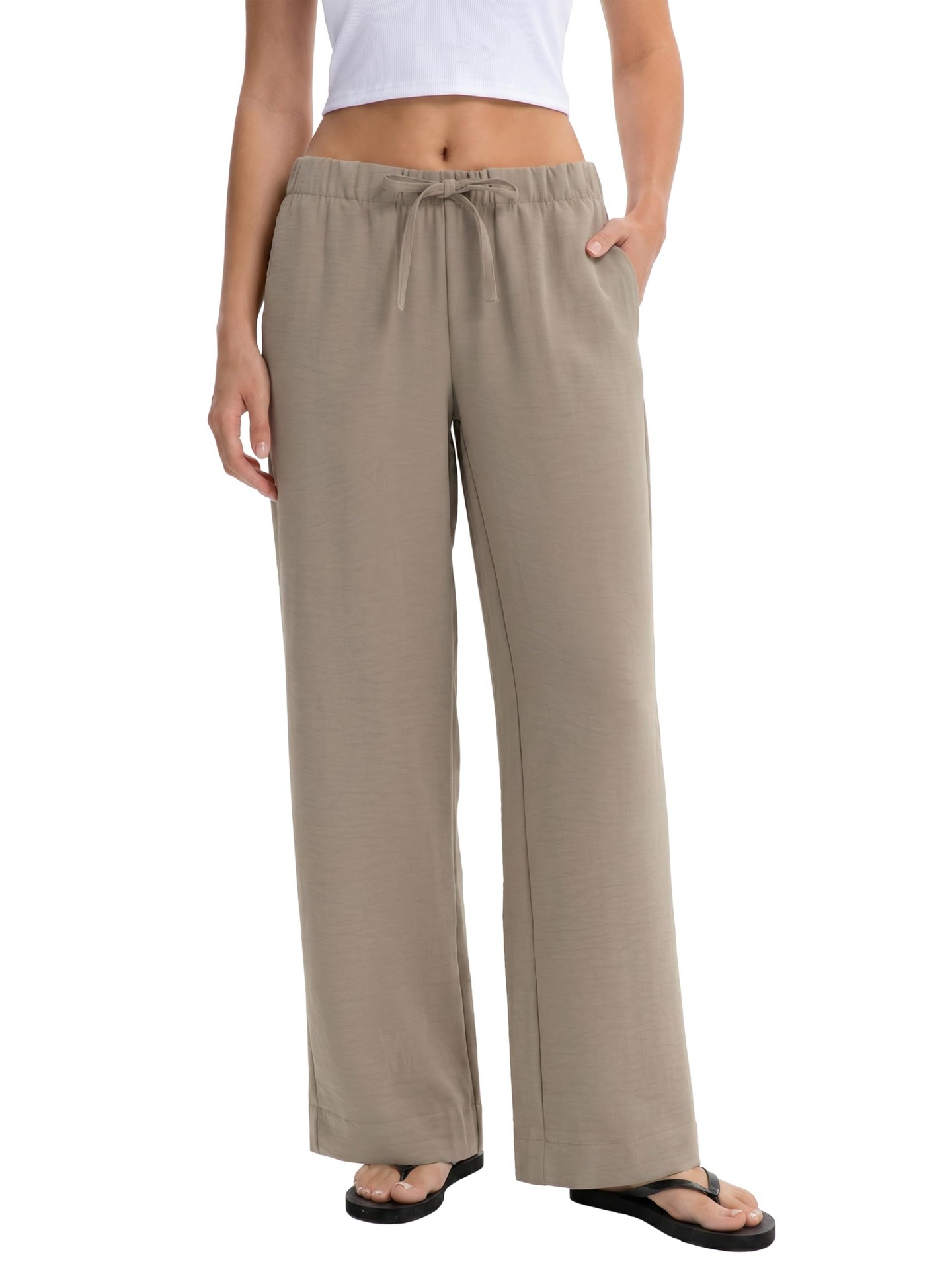 Women Elastic Waist Drawstring Wide Leg Pants