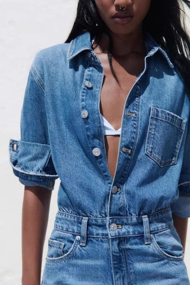 The Seraphine Long Sleeve Washed Denim Jumpsuit Detail – La Rose Couture Dresses & Gowns