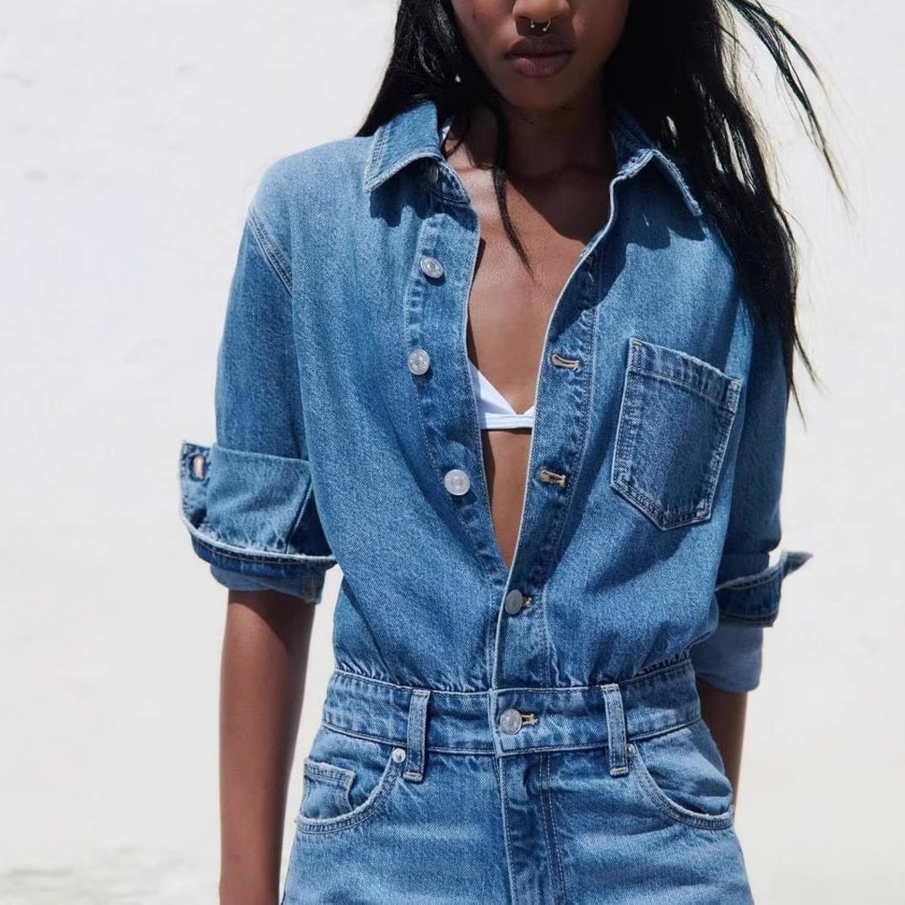 Long Sleeve Washed Denim Jumpsuit - Image 4