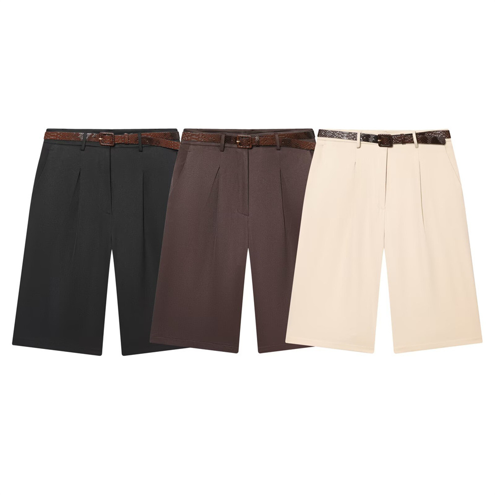 Women's high-waisted zipper pleated short pants with belt - Image 5