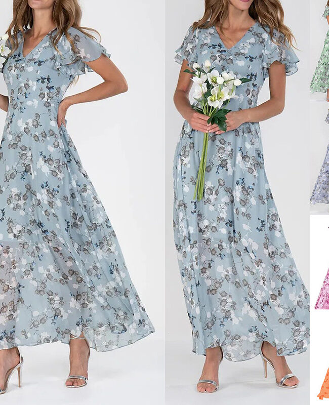 The Hortense Floral Print Chiffon V Neck Ruffled Swing Dress Short Sleeve Midi Beach Long – La Rose Couture Dresses & Gowns