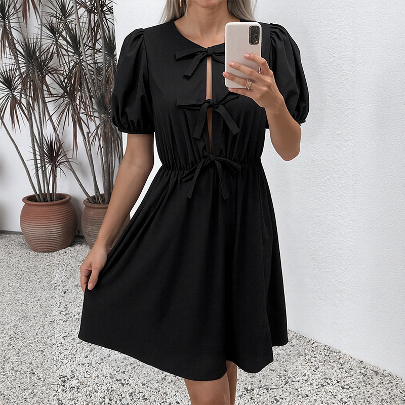 Retro Striped Bow Lace-up Dress - Image 4