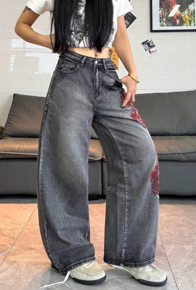 The Valentine Embroidered Dragon Denim Trousers Detail – La Rose Couture Trousers & Skirts