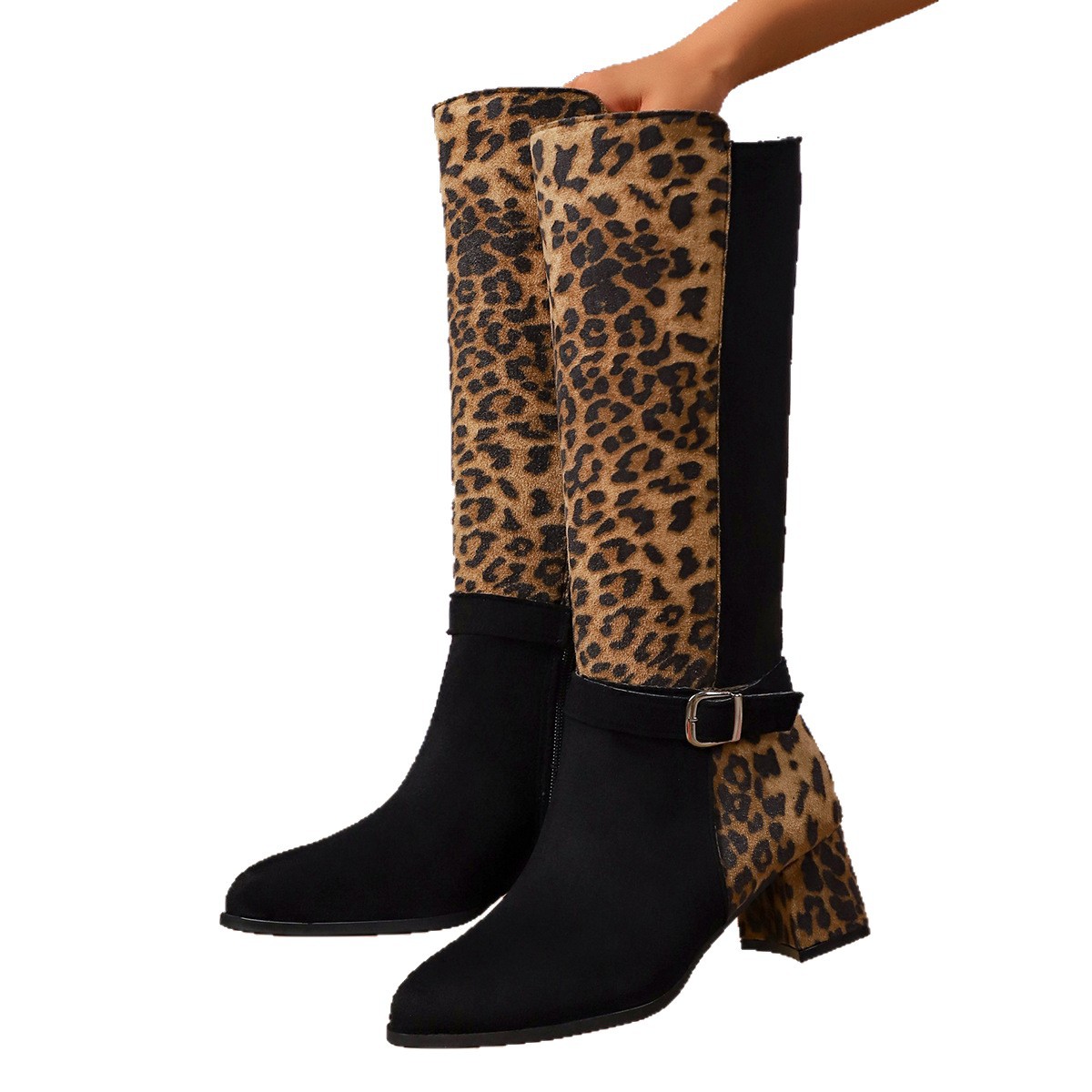 Pointed Leopard Print Mid-Heel Fashion Boots Belt Buckle High Boots - Image 5