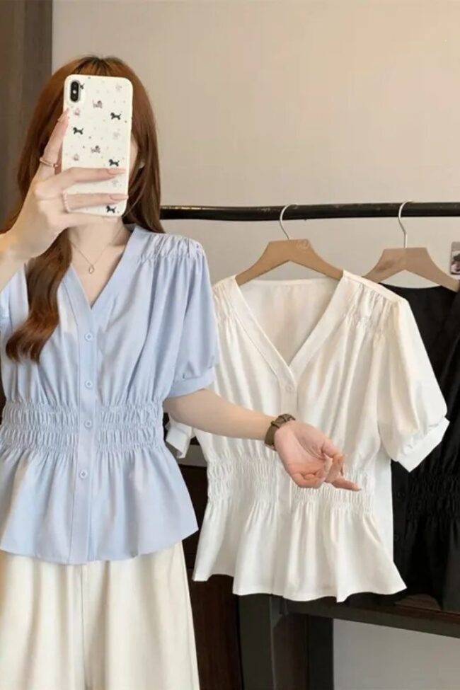 Solid Color Short Sleeve Shirt Detail – La Rose Couture Tops & Blouses