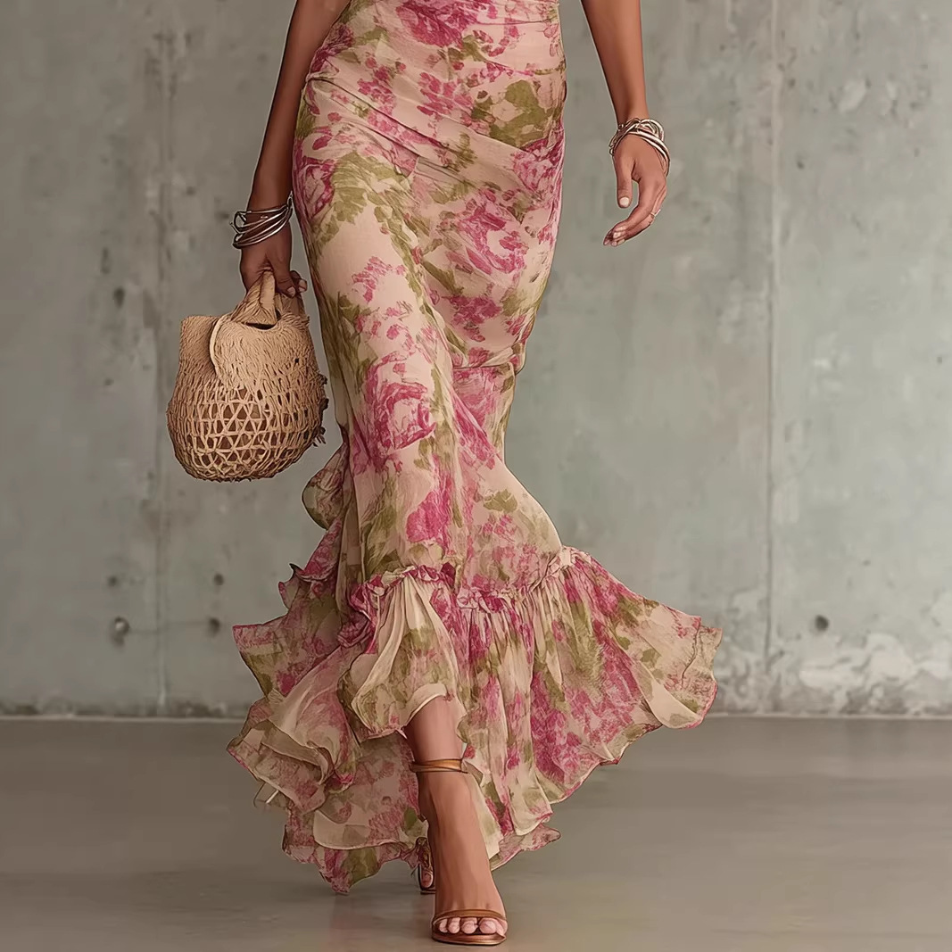 French Floral Puff Sleeve Slim Fit Long Dress - Image 2