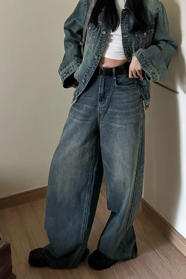 The Colette Vintage Blue Loose Wide Leg Denim Pants for Summer Thin Casual Straight Trousers – La Rose Couture Trousers & Skirts