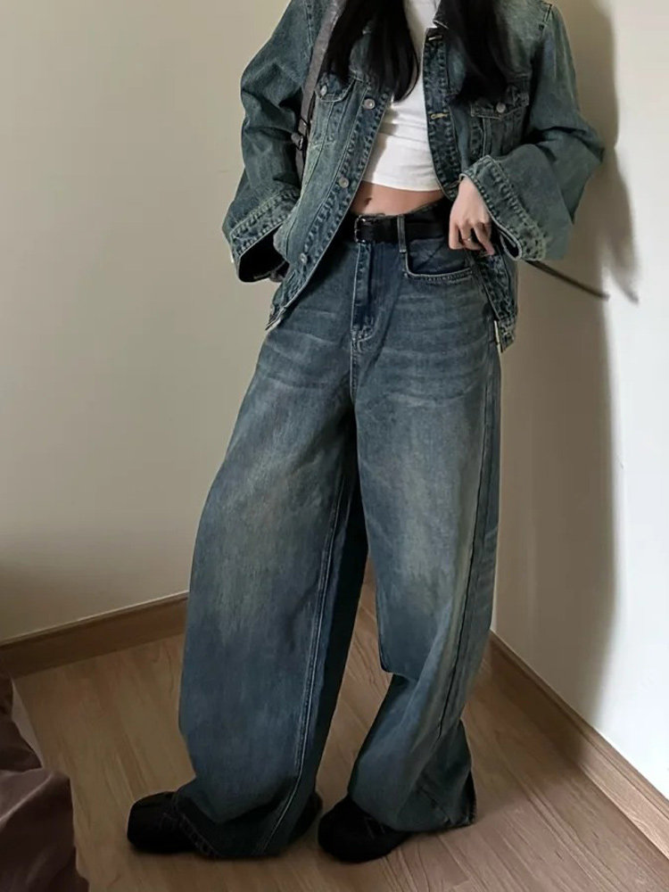 Vintage Blue Loose Wide-Leg Denim Pants for Women Summer Thin Casual Straight Trousers