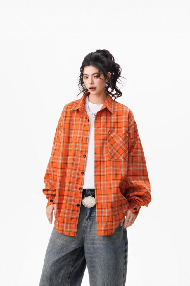 The Marine Retro Orange Plaid Loose Long Sleeve Lapel Shirt Detail – La Rose Couture Tops & Blouses
