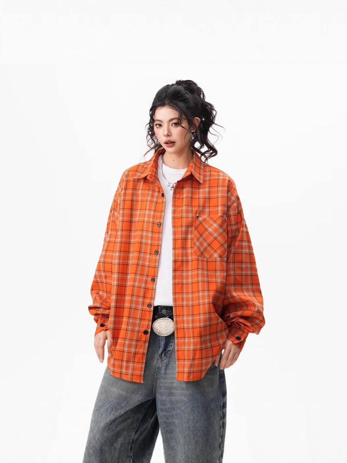 Retro Orange Plaid Loose Long Sleeve Lapel Shirt - Image 5