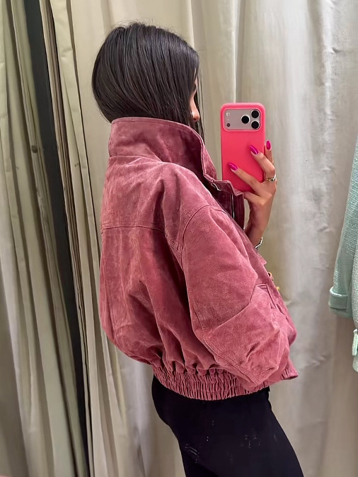 Women's Solid Stand Collar Zipper Non-Iron Bomber Jacket - Image 4