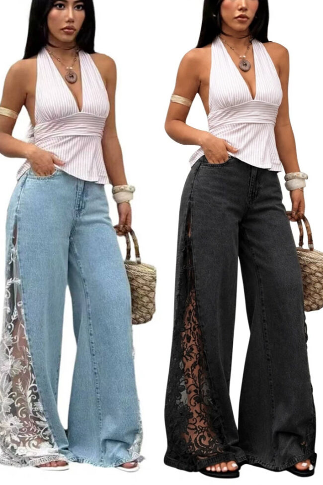 The Solene Stretch Denim Wide Leg Pants – La Rose Couture Trousers & Skirts