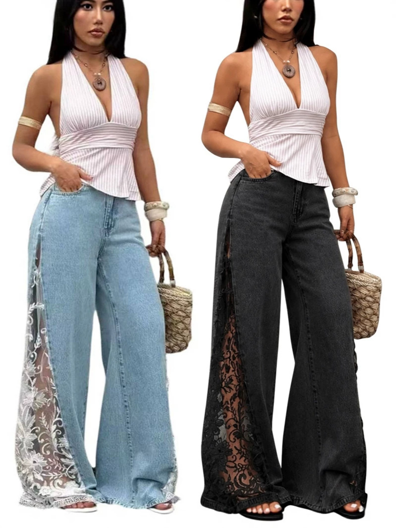 Womens Stretch Denim Wide-Leg Pants