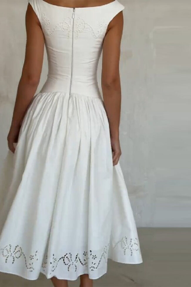 The Virginie French Off Shoulder Embroidered Waist Slimming Dress Detail – La Rose Couture Dresses & Gowns