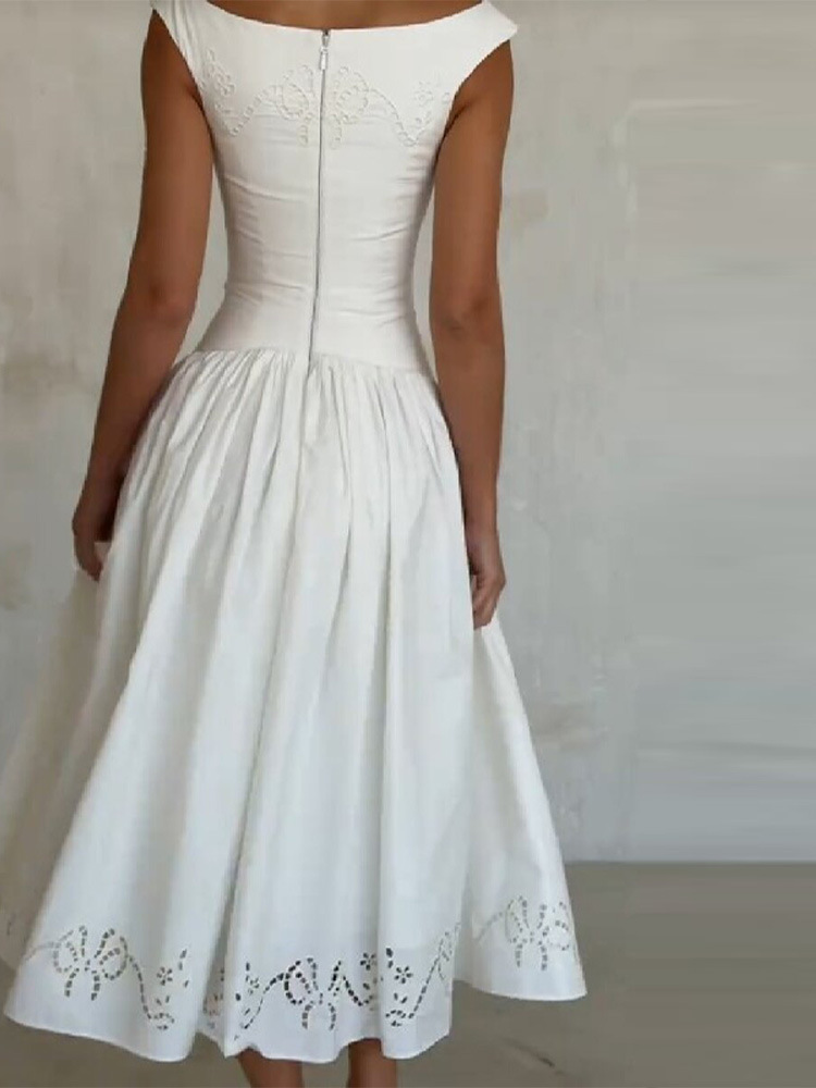 French Off-shoulder Embroidered Waist-slimming Dress - Image 3