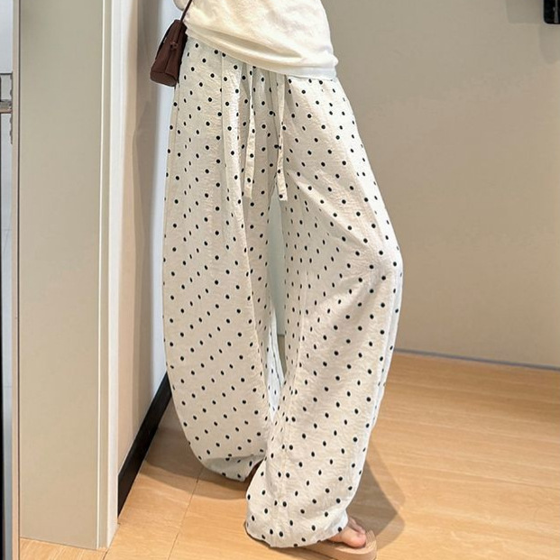 Linen Polka Dot Drawstring Wide Leg Pants