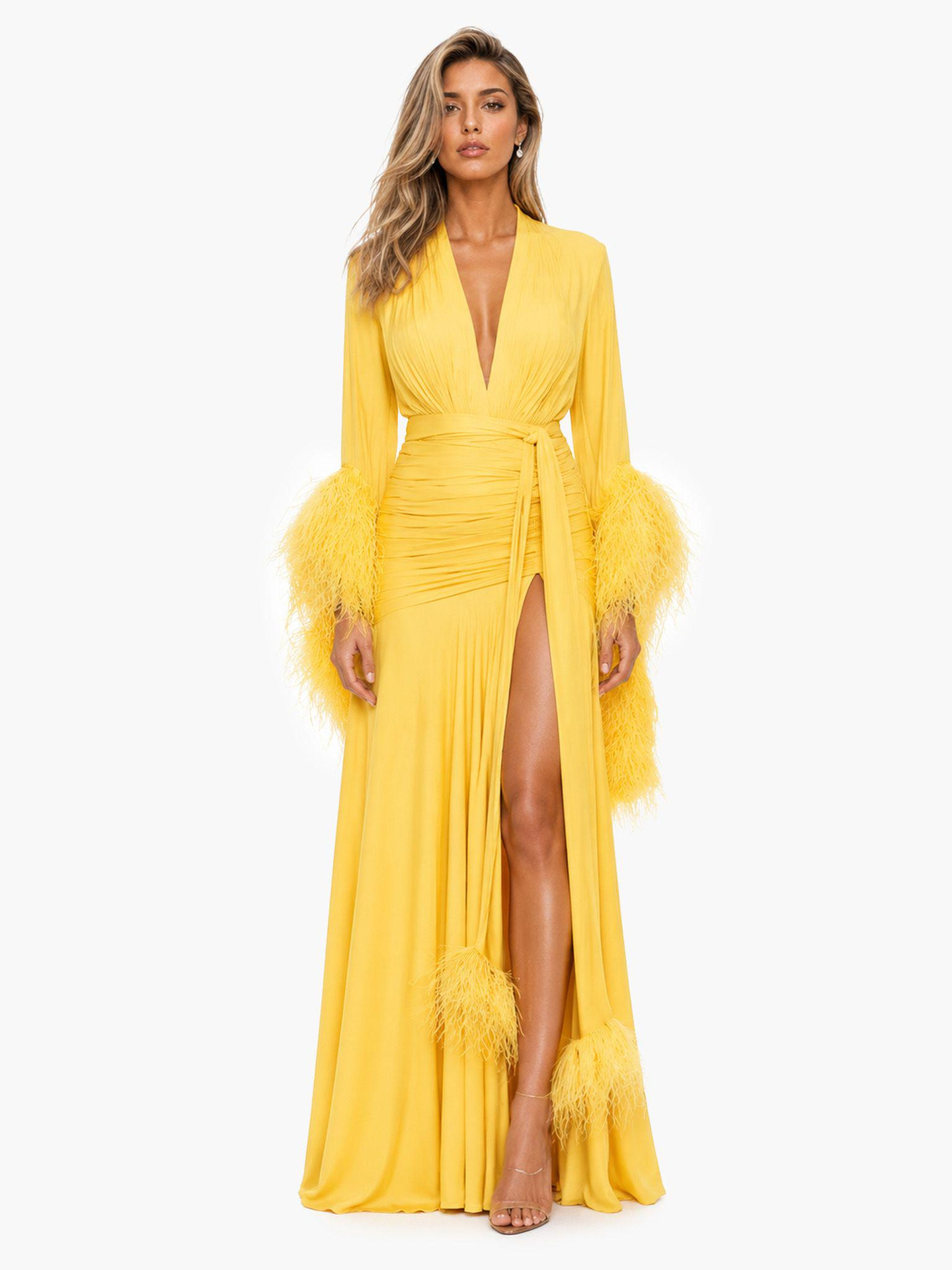 Elegant Solid Color Long Sleeve Evening Dress - Image 3