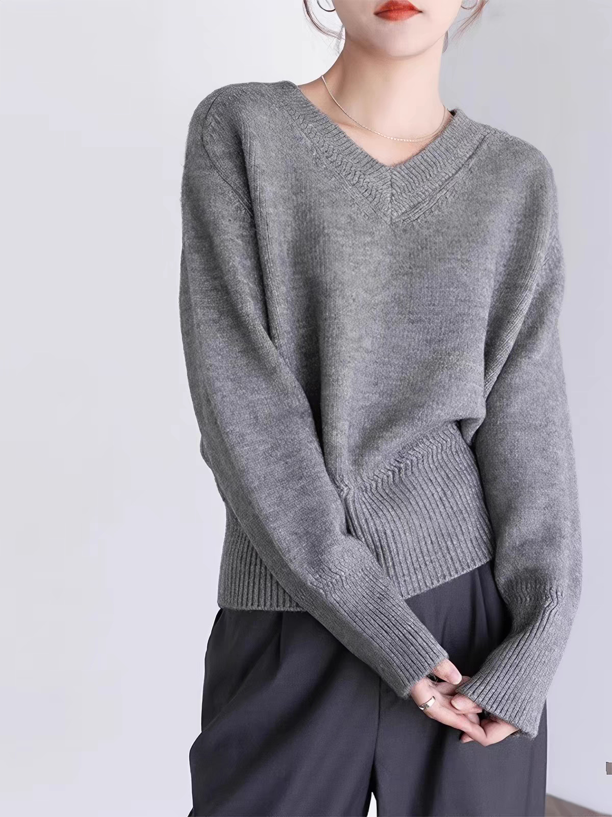 Women V-Neck Solid Color Long Sleeve Sweater Loose Fit Pullover - Image 4