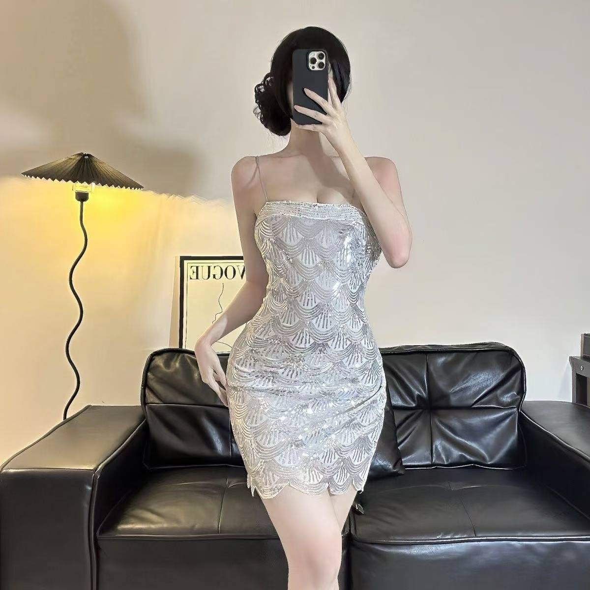 Women's Sequined One-Shoulder Suspender Dress - Image 3