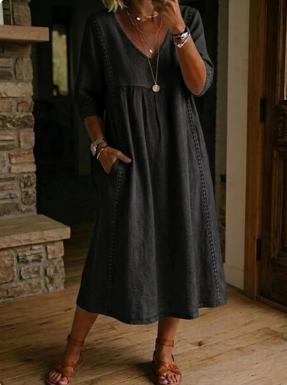 Womens Casual Loose V-Neck Lace Trim Dress - Image 2