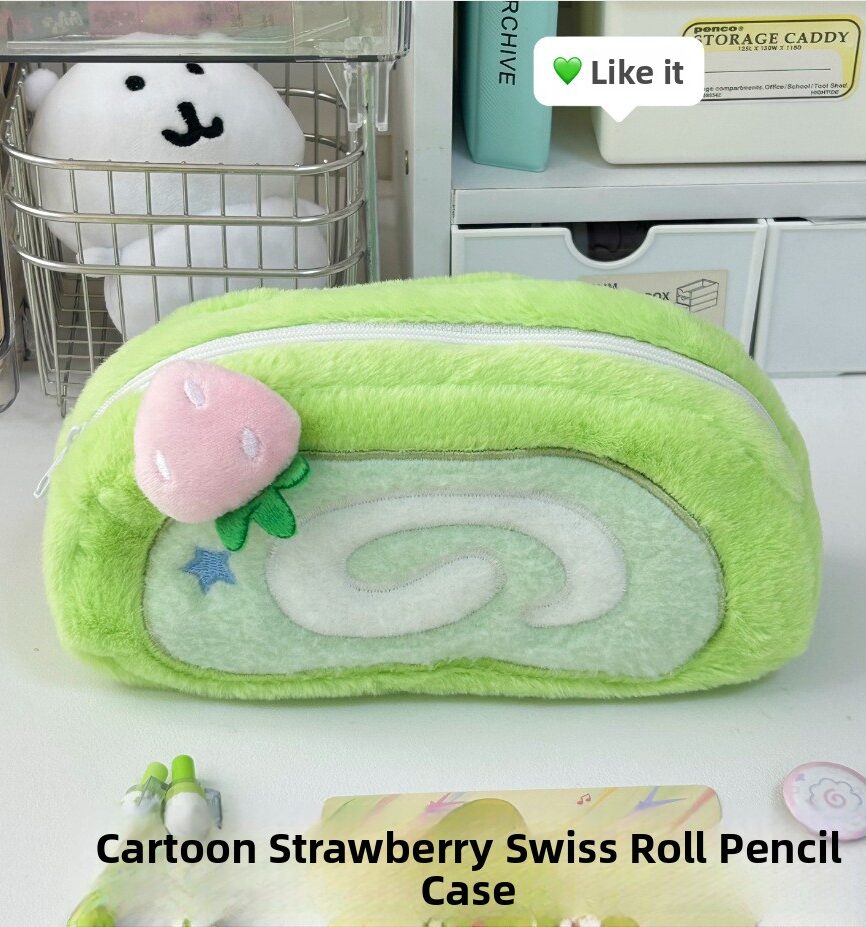 Cute Plush Swiss Roll Large Capacity Makeup Stationery Storage Pouch