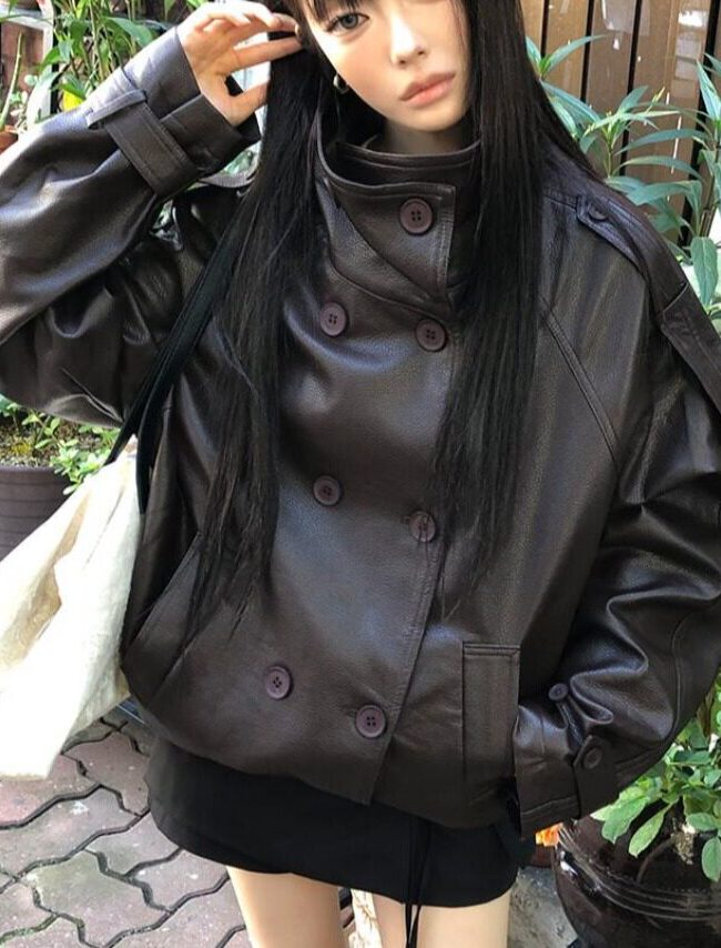 The Clarisse Korean Vintage Double Breasted Stand Up Collar Leather Jacket Detail – La Rose Couture Coats & Jackets
