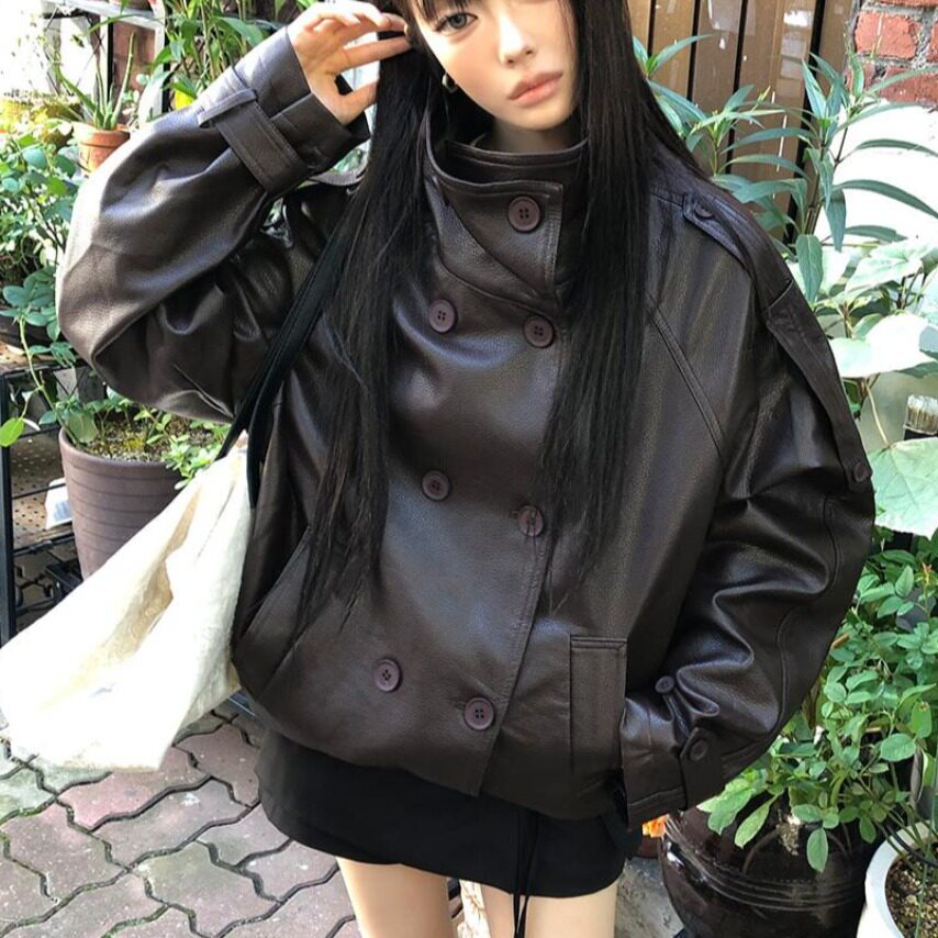 Korean vintage double-breasted stand-up collar leather jacket - Image 4