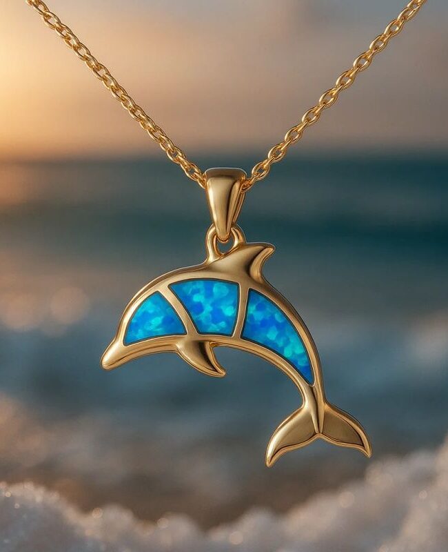 The Aurore Sophisticated Unique Design Dolphin and Mermaid Pendant Necklace with an Oceanic Resort Vibe. Detail – La Rose Couture Jewellery & Accessories