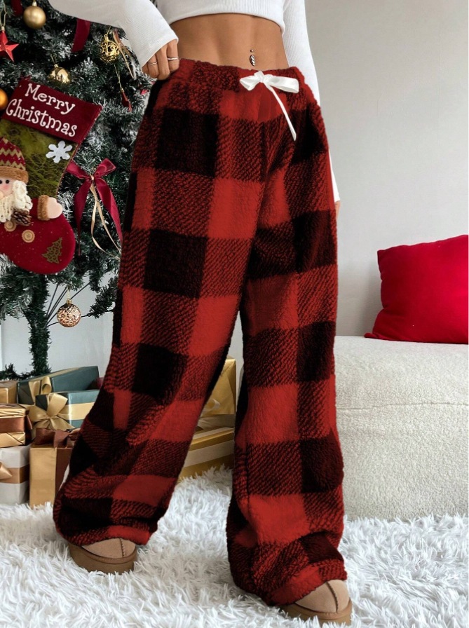 Womens Plaid Print Wide Leg Pants - Image 5