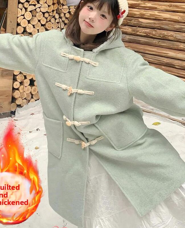 The Clarisse Mint Green Fleece Lined Hooded Lamb Wool Coat with Horn Buttons Detail – La Rose Couture Coats & Jackets