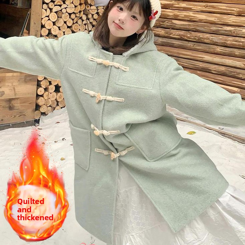 Women's Mint Green Fleece-Lined Hooded Lamb Wool Coat with Horn Buttons - Image 4