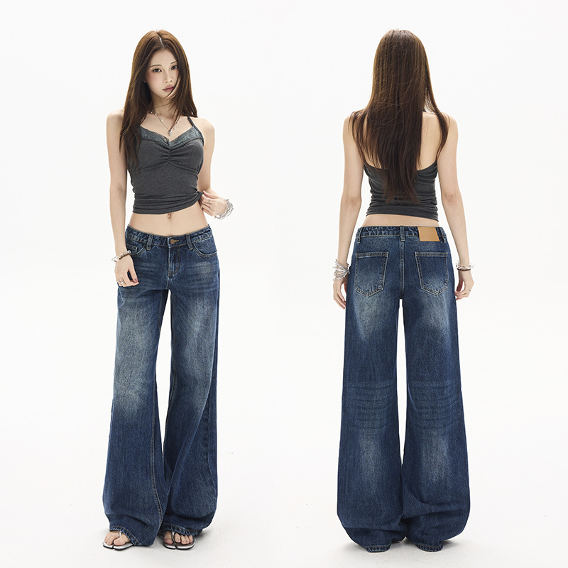 Women's Low-Rise Cotton Straight-Leg Dark Blue Denim Jeans
