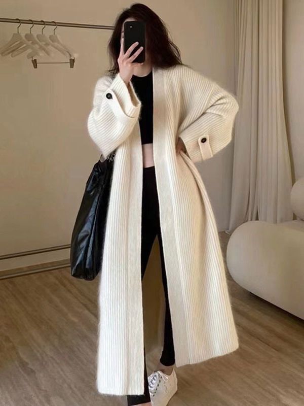 Womens Long Knitted Cardigan with V-Neck - Image 4